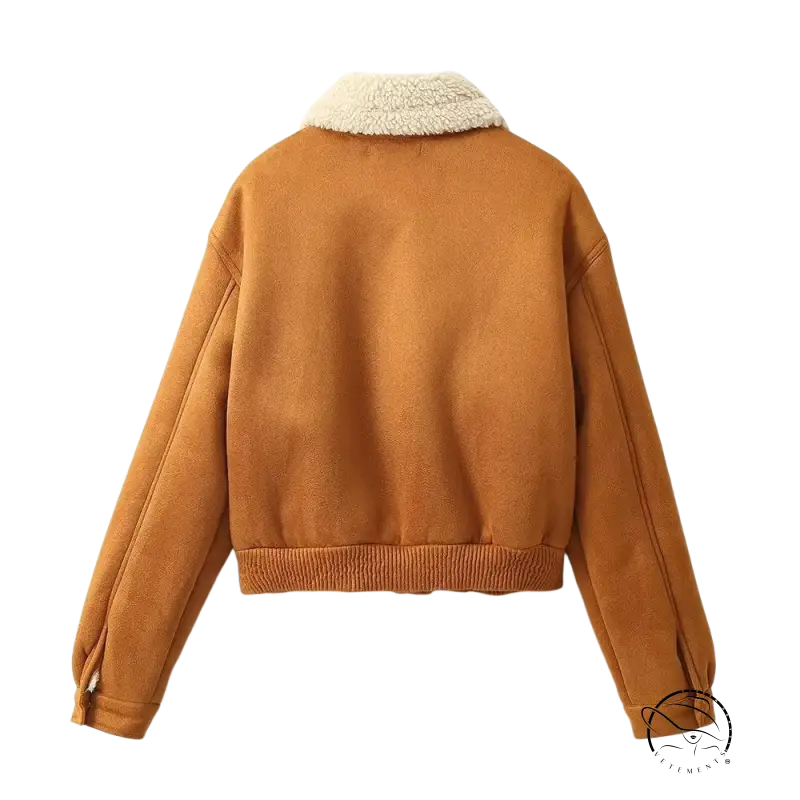 Tan suede French short jacket with plush cream shearling collar