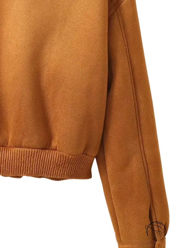 Cozy rust-orange suede French short jacket with shearling, zipper, ribbed cuffs