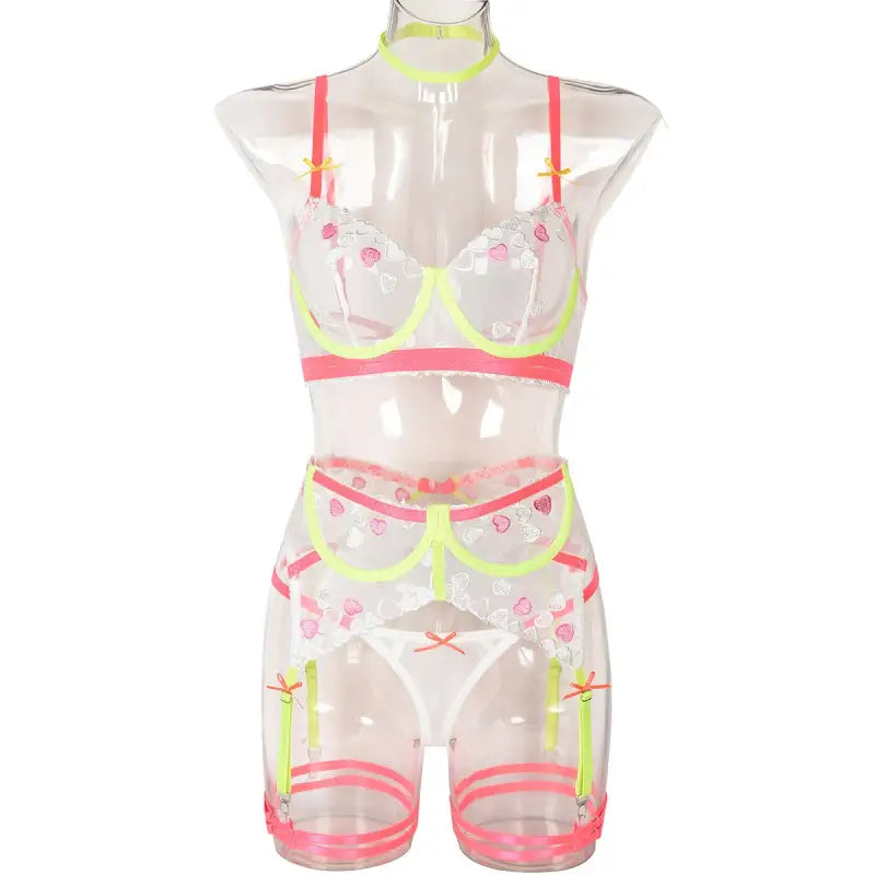Transparent Fresh Girl Cute Bra and Panty Set with Neon Pink Strawberry Accents