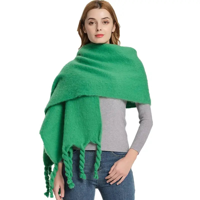 Green fringed shawl wool scarf for stylish winter wear, perfect for cold weather outfits