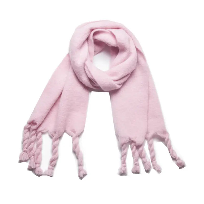 Pink knitted wool scarf with braided tassels for stylish winter wear