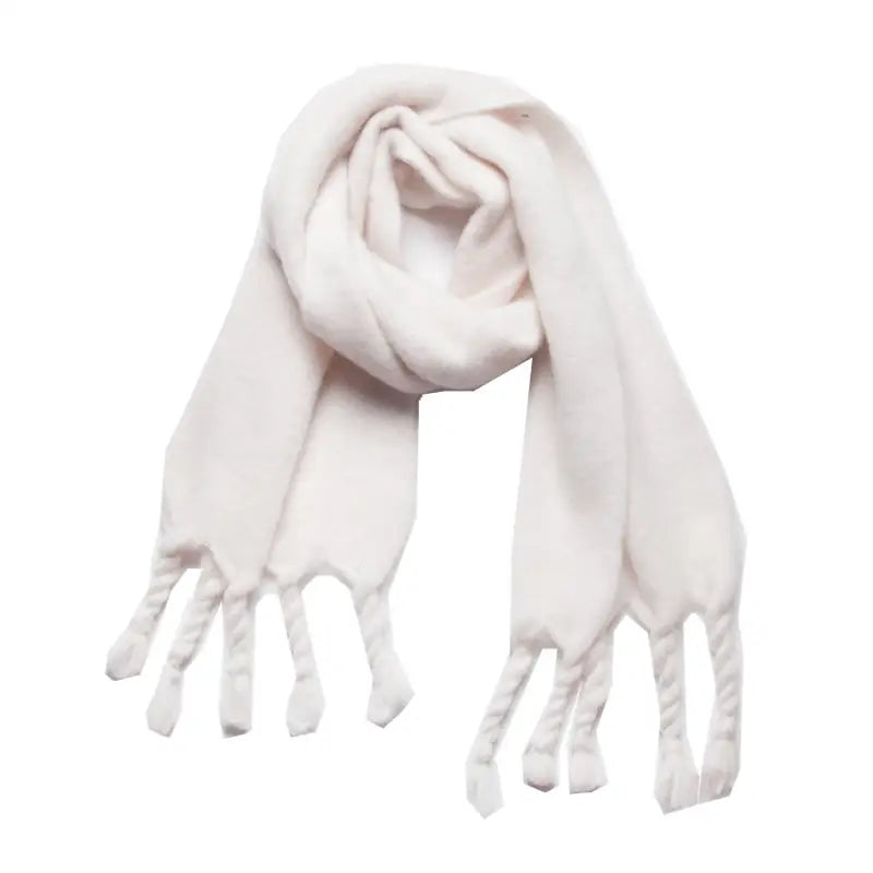 White knitted wool scarf with tassels, perfect for winter wear and stylish shawl options