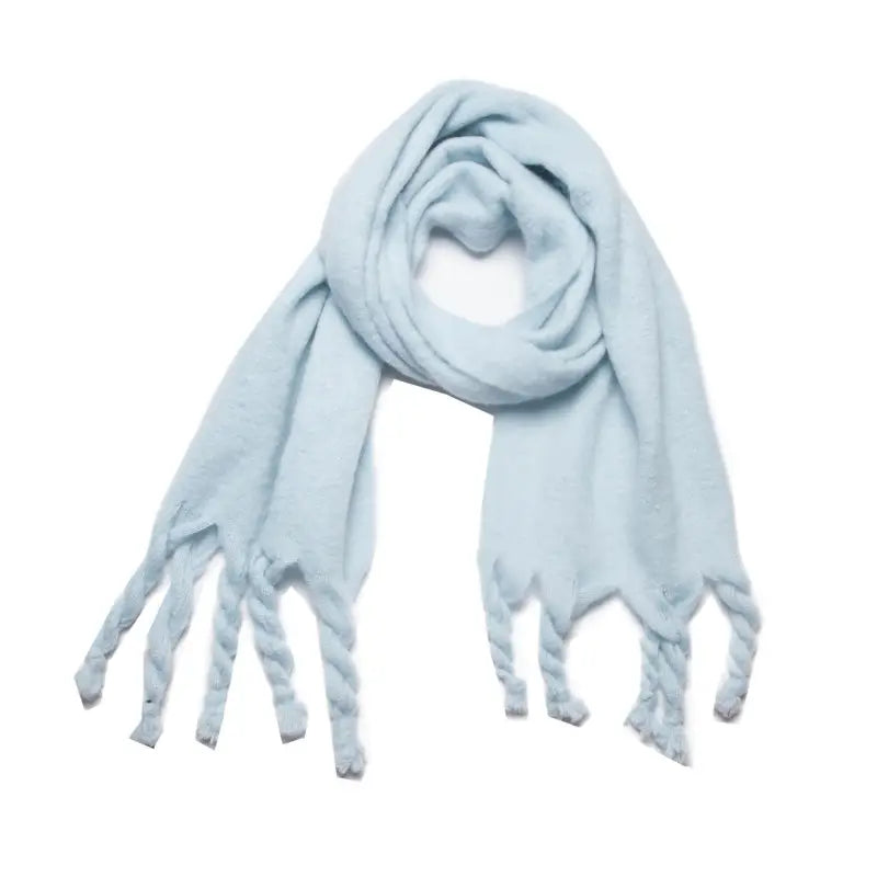 Light blue fringed wool scarf, perfect for winter wear and stylish layering