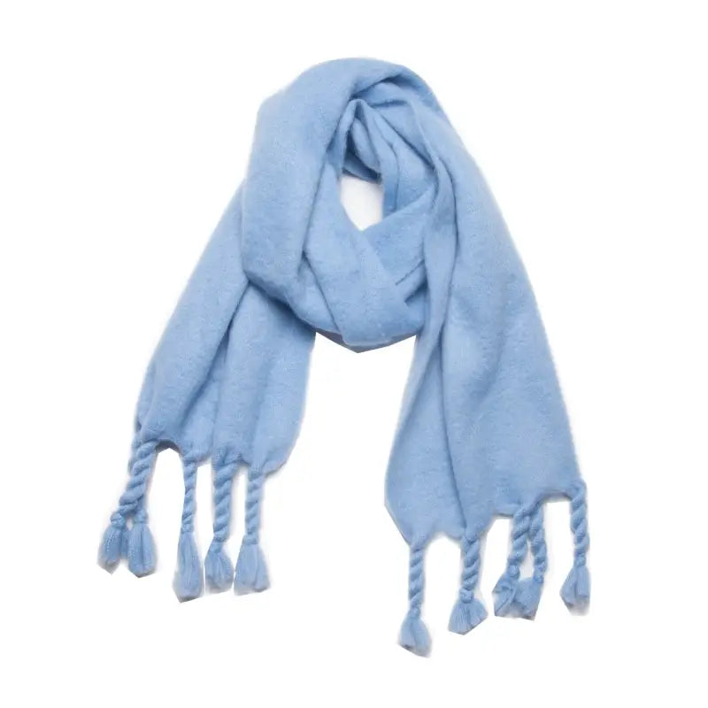 Light blue tasseled shawl wool scarf, perfect for winter wear with all-over print