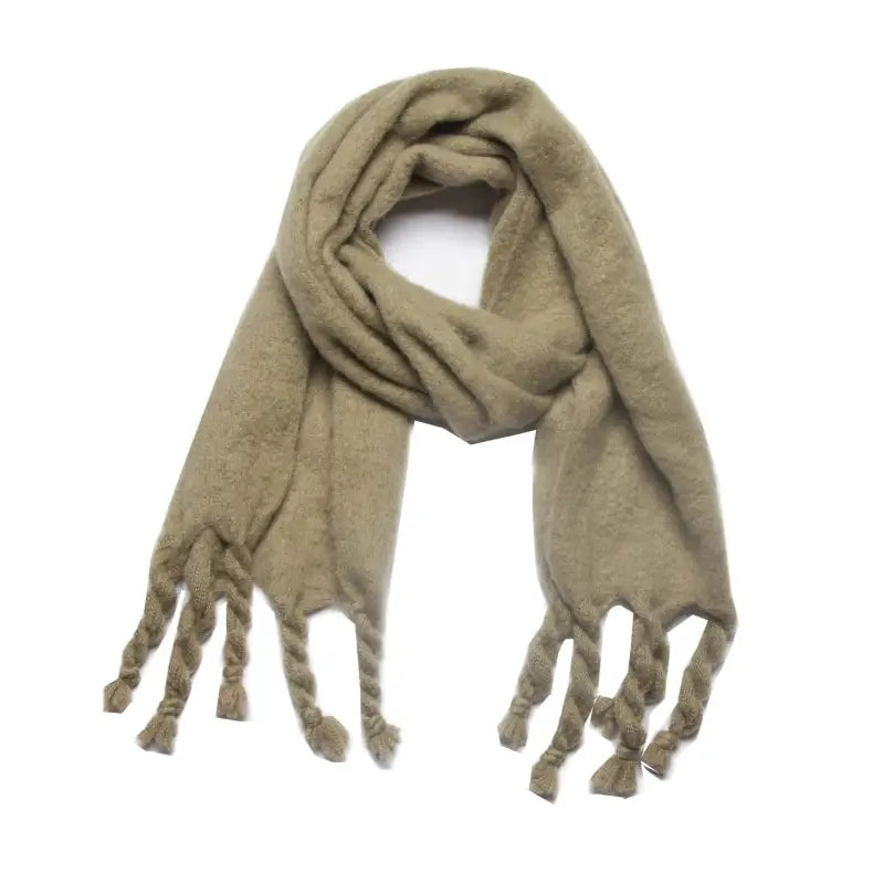 Beige tasseled shawl wool scarf, perfect for stylish winter wear with all-over print