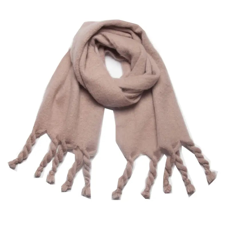 Light brown knitted wool scarf with twisted fringe perfect for winter wear