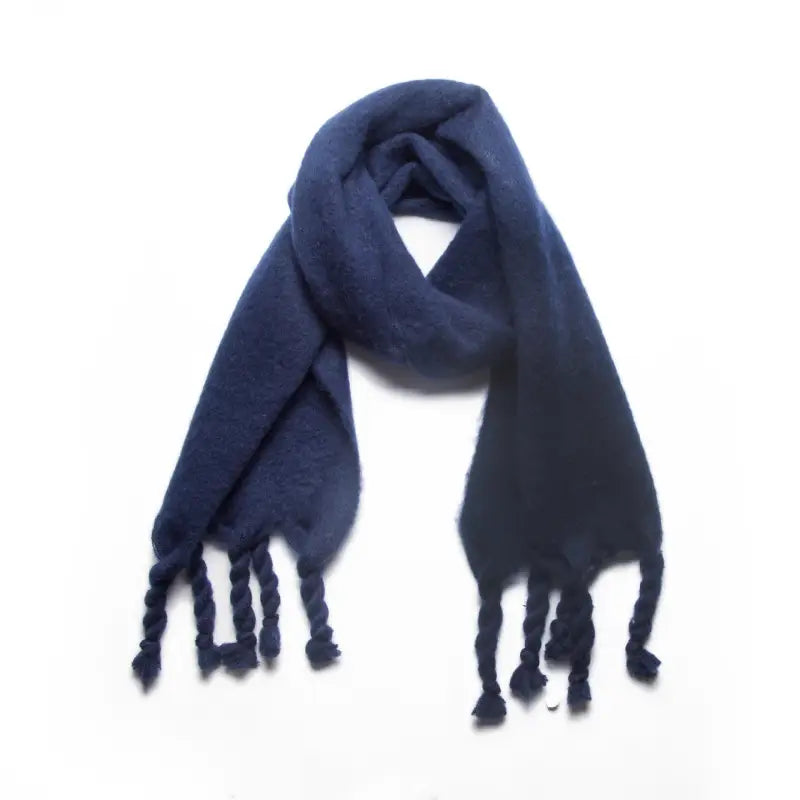 Navy blue knit wool scarf with tassels, perfect for winter shawl wear