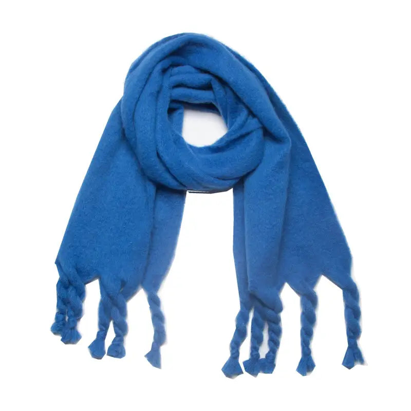 Blue braided tassel scarf as part of the Fringed Wool Scarf for winter wear