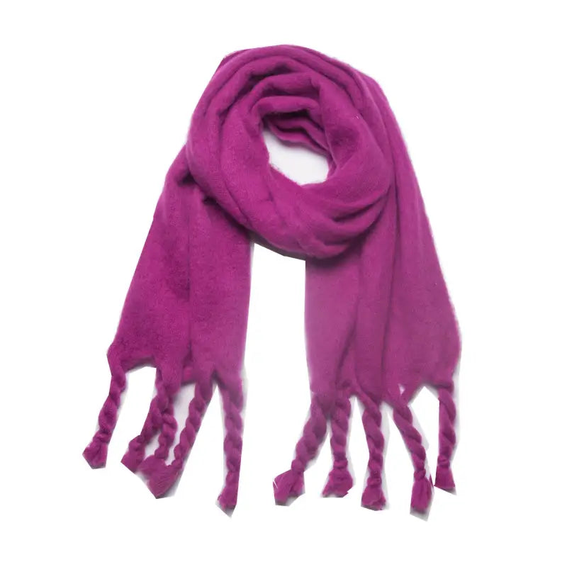 Magenta fringed wool scarf for winter, ideal as a stylish winter shawl wool accessory