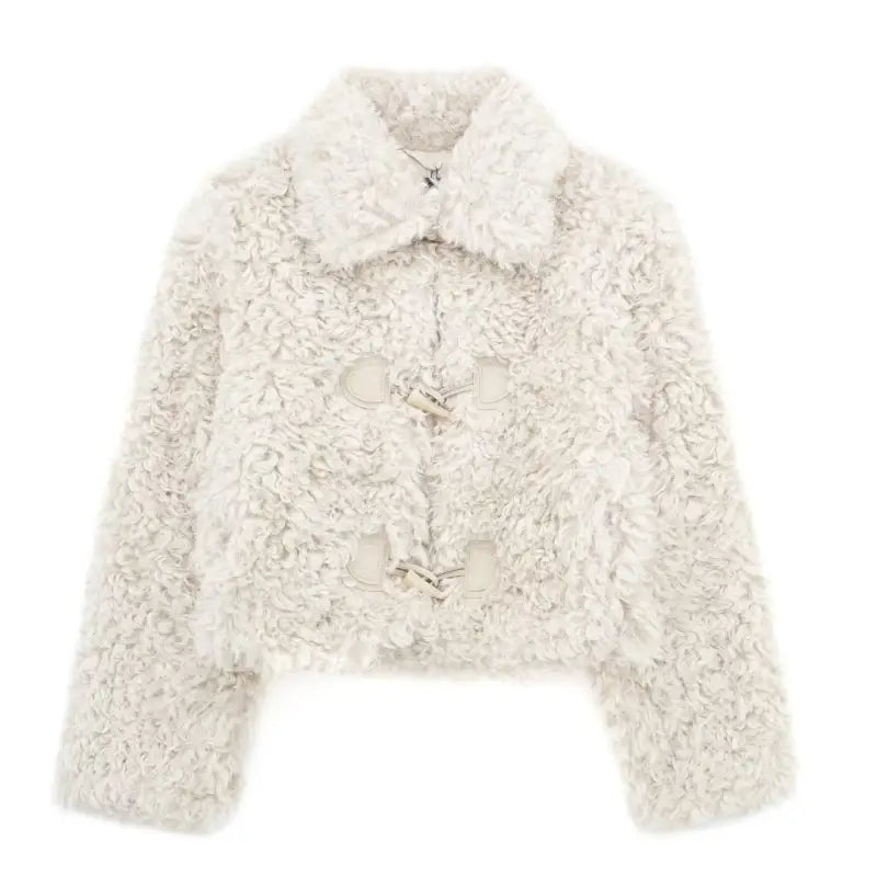 Cream faux fur jacket with toggle closures perfect for winter nightout furry jacket style