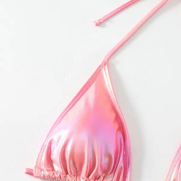 Pink iridescent bikini top from the Glittering Powder Split Swimsuit ideal for summer wear