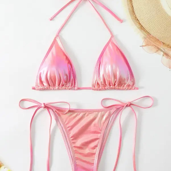 Pink iridescent string bikini from Glittering Powder Split Swimsuit for summer fashion