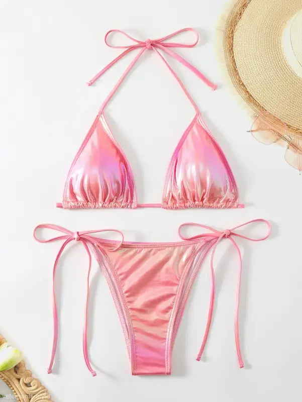 Pink iridescent string bikini from Glittering Powder Split Swimsuit for summer fashion