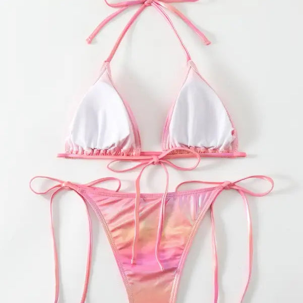 Pink tie-string bikini from Glittering Powder Split Swimsuit for summer vacations