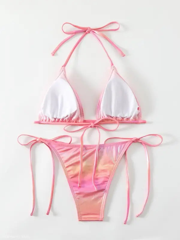 Pink tie-string bikini from Glittering Powder Split Swimsuit for summer vacations