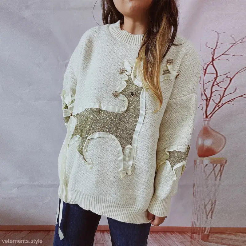 RIBBON GOLD THREAD JACQUARD DEER ROUND NECK THICKENED KNITTED PULLOVER-VETEMENTS