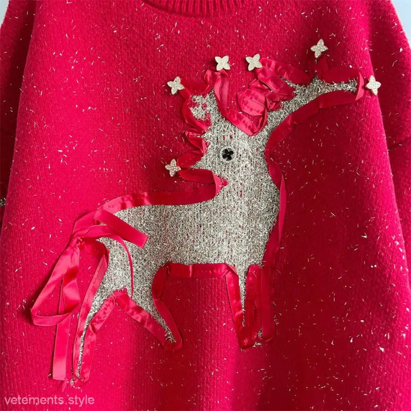 RIBBON GOLD THREAD JACQUARD DEER ROUND NECK THICKENED KNITTED PULLOVER-VETEMENTS