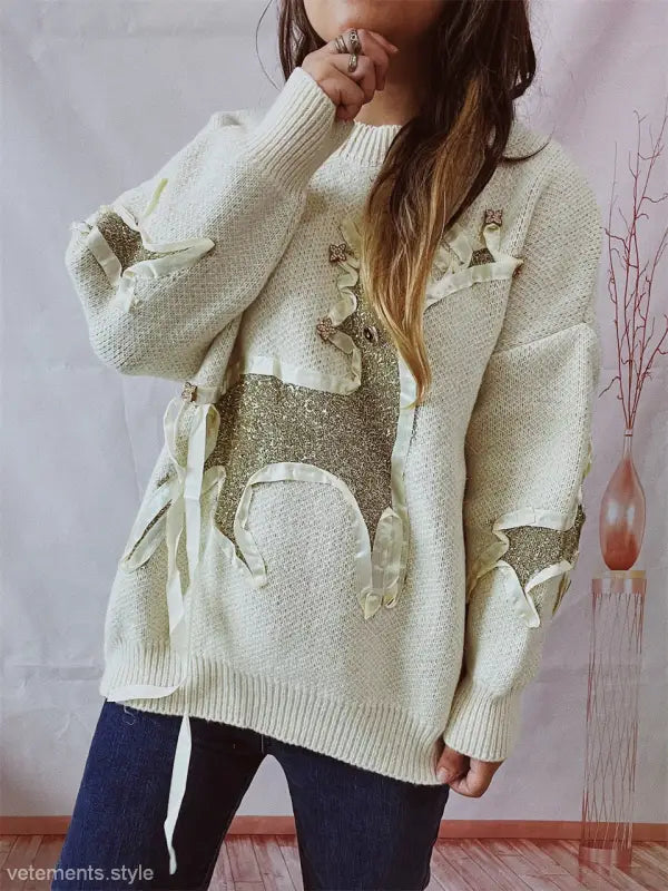 RIBBON GOLD THREAD JACQUARD DEER ROUND NECK THICKENED KNITTED PULLOVER-VETEMENTS