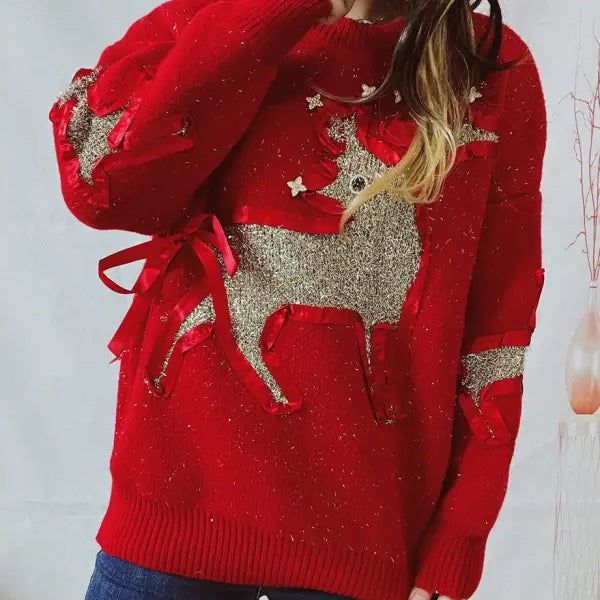 RIBBON GOLD THREAD JACQUARD DEER ROUND NECK THICKENED KNITTED PULLOVER-VETEMENTS