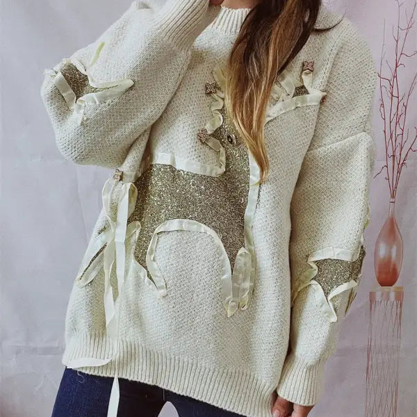 RIBBON GOLD THREAD JACQUARD DEER ROUND NECK THICKENED KNITTED PULLOVER-VETEMENTS