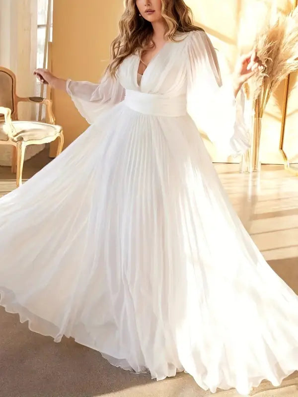 Flowing white pleated gown from Gorgeous Evening Dress with Trumpet Sleeves and Elegant Design