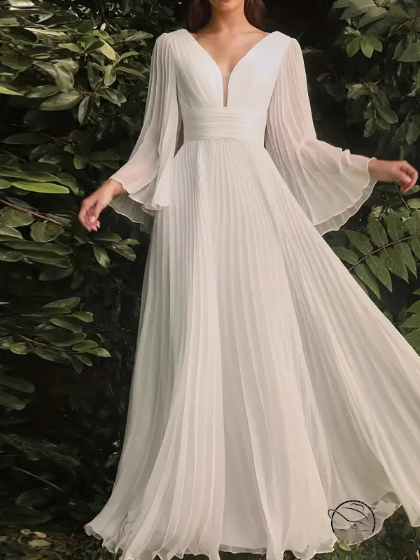 Elegant white pleated gorgeous evening dress with trumpet sleeves