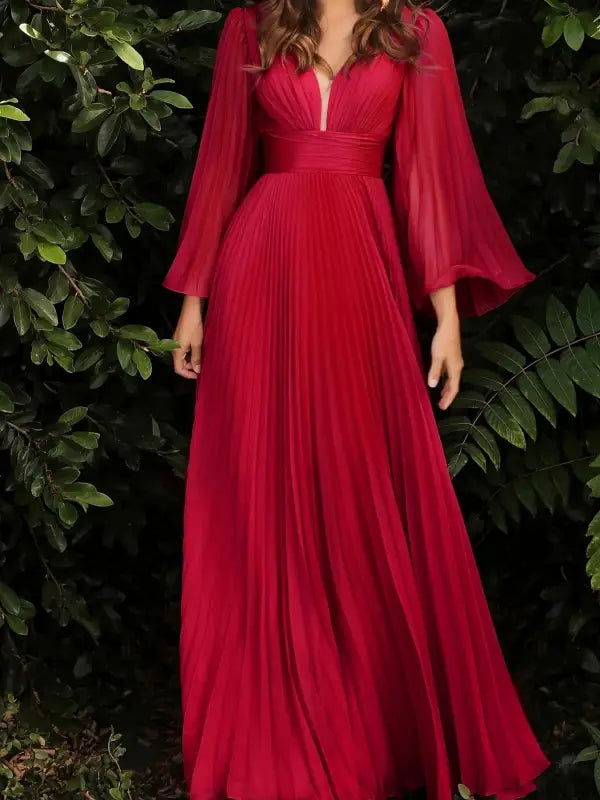 Elegant red pleated gown from Gorgeous Evening Dress with Trumpet Sleeves and Elegant Design