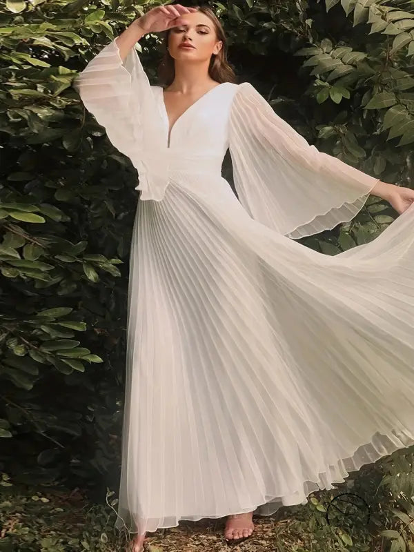 Elegant white pleated gorgeous evening dress with trumpet sleeves