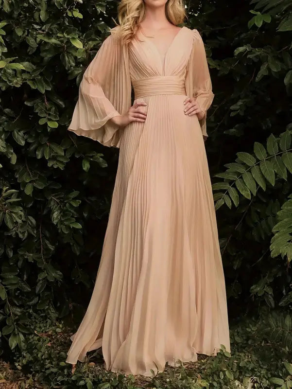 Elegant pleated chiffon gown from gorgeous evening dress collection with trumpet sleeves
