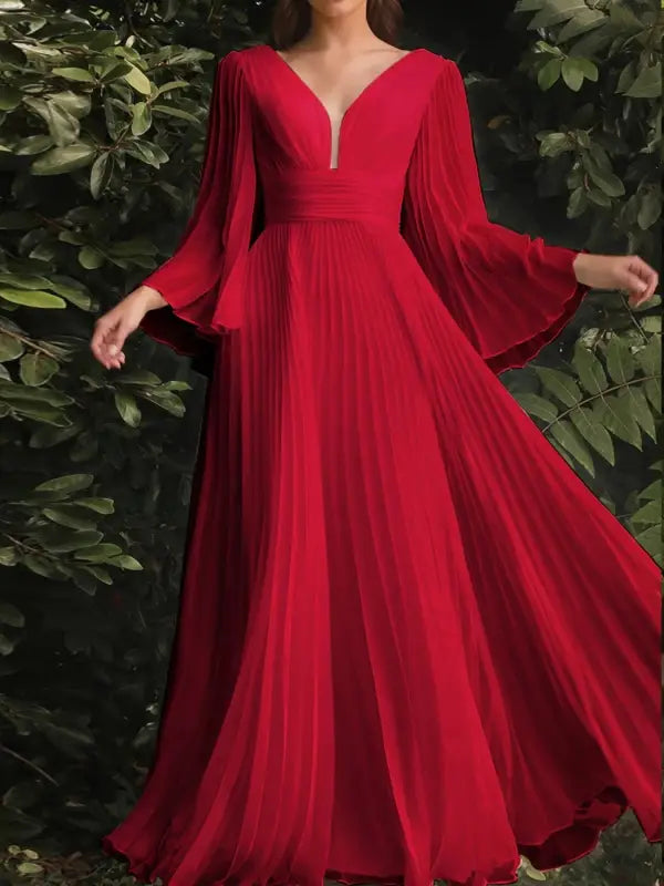 Red chiffon gown with bell sleeves, a gorgeous evening dress with elegant design
