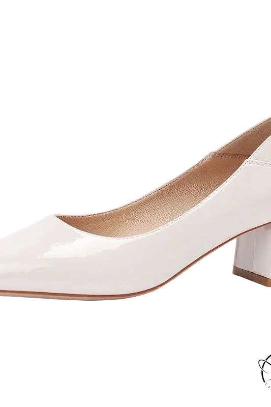 Gorgeous high heel leather white patent pump with low block heel