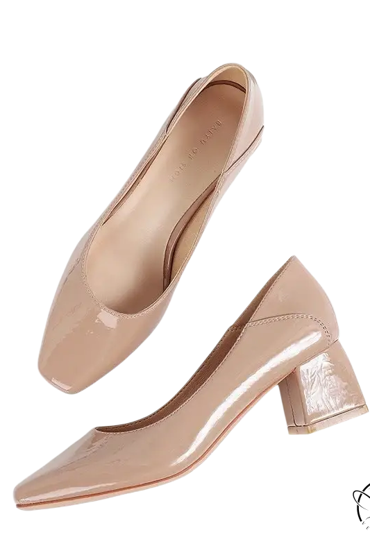 Pair of gorgeous high heel leather nude patent pumps with low block heels