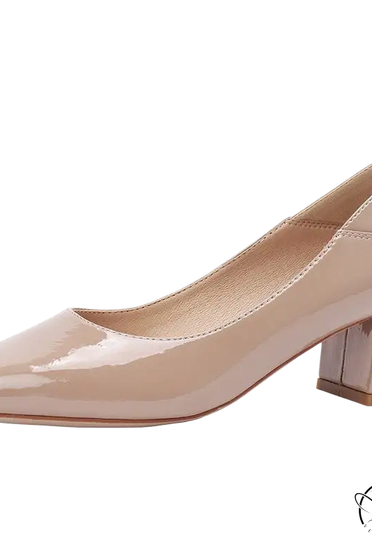Gorgeous high heel leather nude patent pump with low block heel