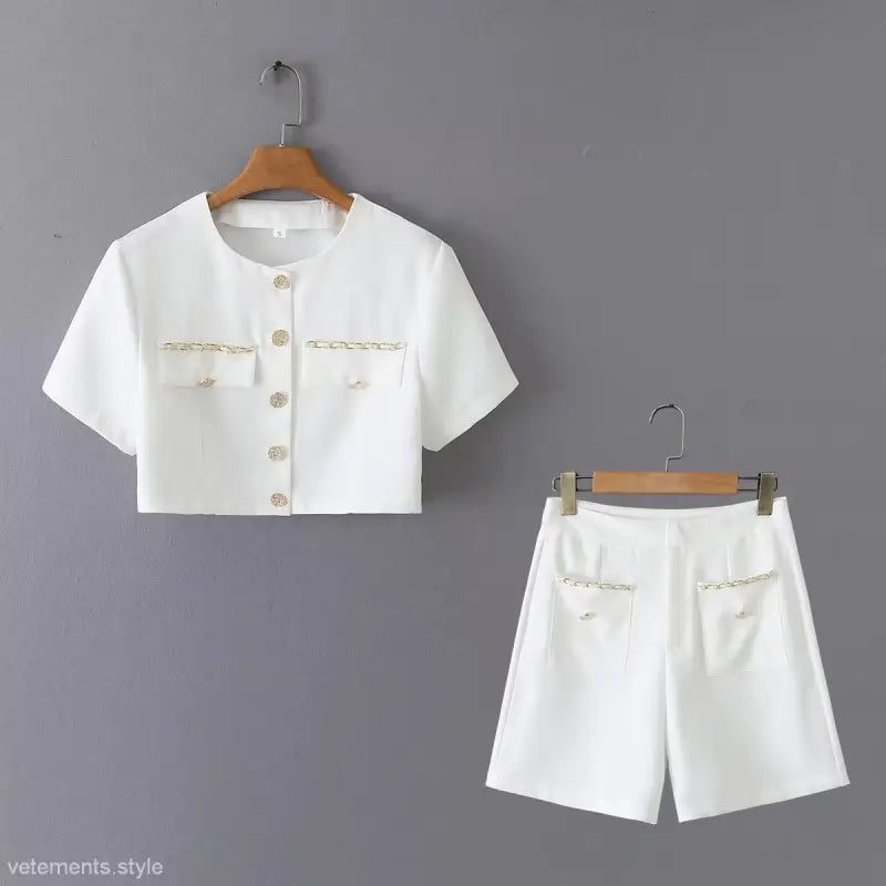 White two-piece short set featuring high waist, perfect for the Gorgeous Yacht Fit collection