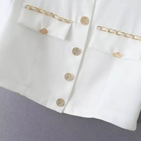White blouse with gold accents from the Gorgeous Yacht Fit collection, high waist style