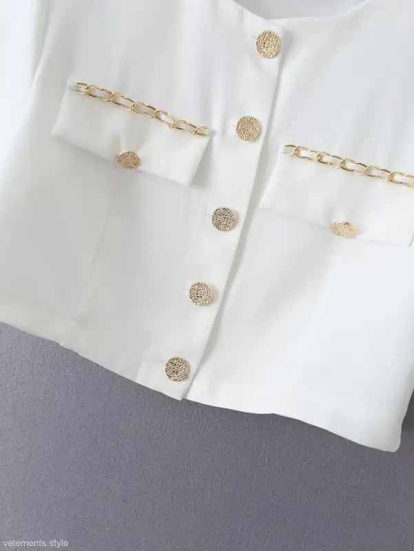 White blouse with gold accents from the Gorgeous Yacht Fit collection, high waist style