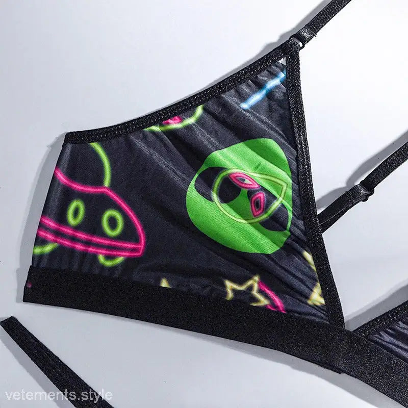 Graffiti printing lingerie mesh bra with neon alien UFO print on black fabric