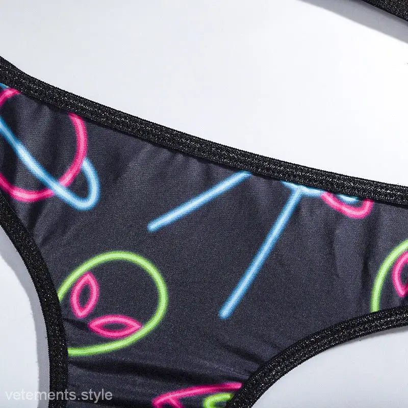 Graffiti Printing Lingerie: Mesh Graphic Bra and Panty Set with neon abstract designs