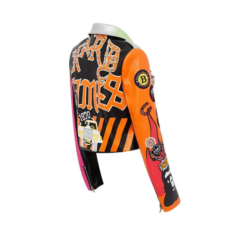 Colorful patterned leather coat graffiti for motorcycle enthusiasts featuring graffiti printing jacket design