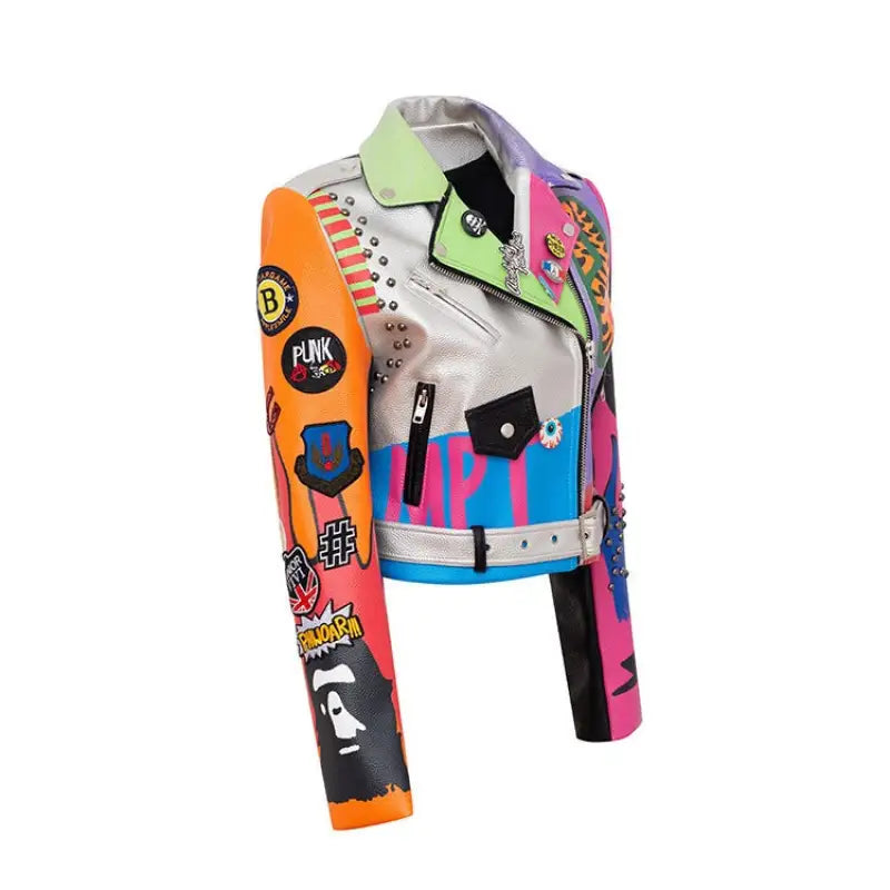 Colorful punk-style leather jacket showcasing graffiti printing motorcycle design