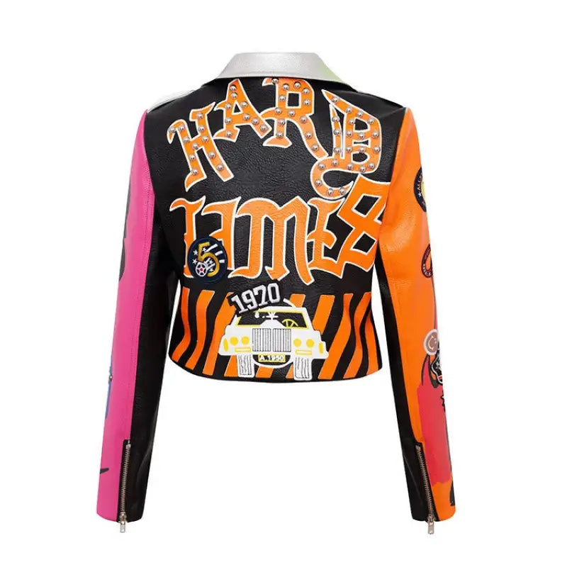 Colorful Hard Times graffiti printing jacket on motorcycle leather coat graffiti design