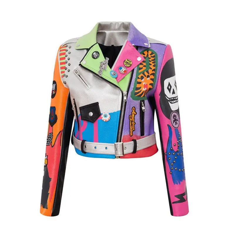 Colorful patterned leather coat graffiti on Graffiti Printing Motorcycle Jacket with Faux Leather Design