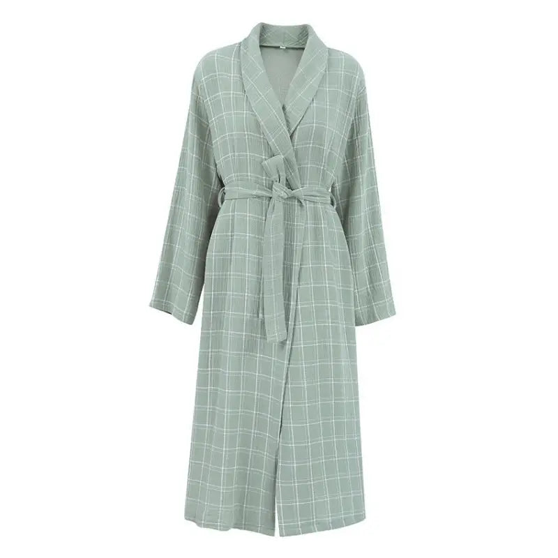 Light green plaid bathrobe in Green Pure Cotton Belted Long Sleeve Dress for comfortable lounging