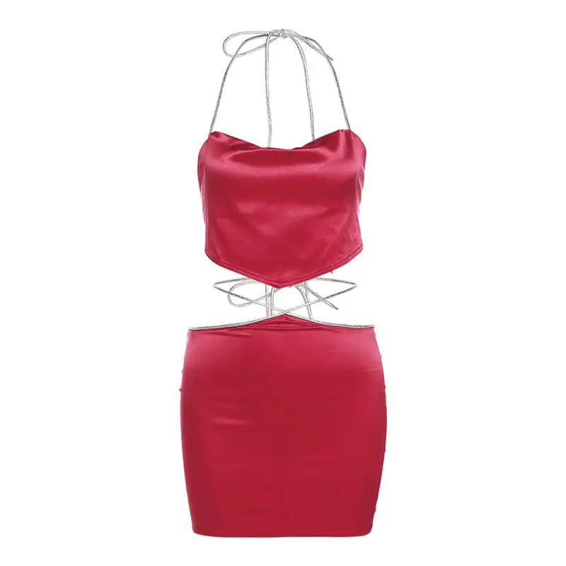 Red Satin Halter Backless Slim Top with High Waist Sexy Hip Bag Skirt Set
