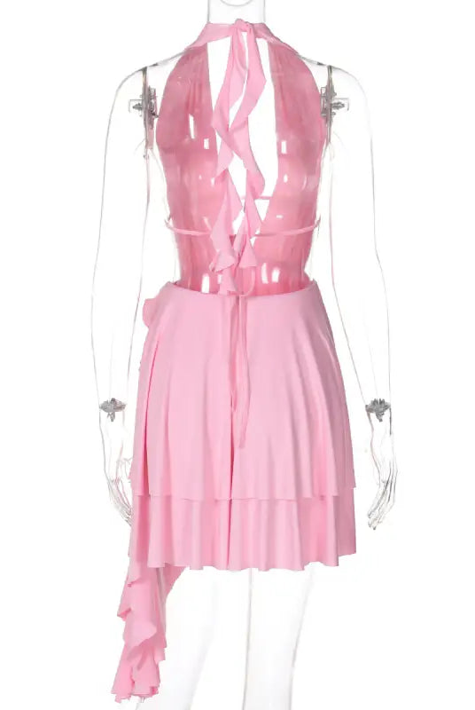 Pink halter mini dress in a halterneck deep V ruffled style with free shipping