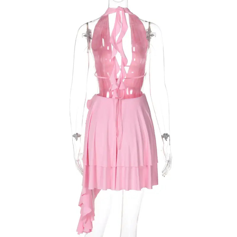 Pink halter mini dress in a halterneck deep V ruffled style with free shipping