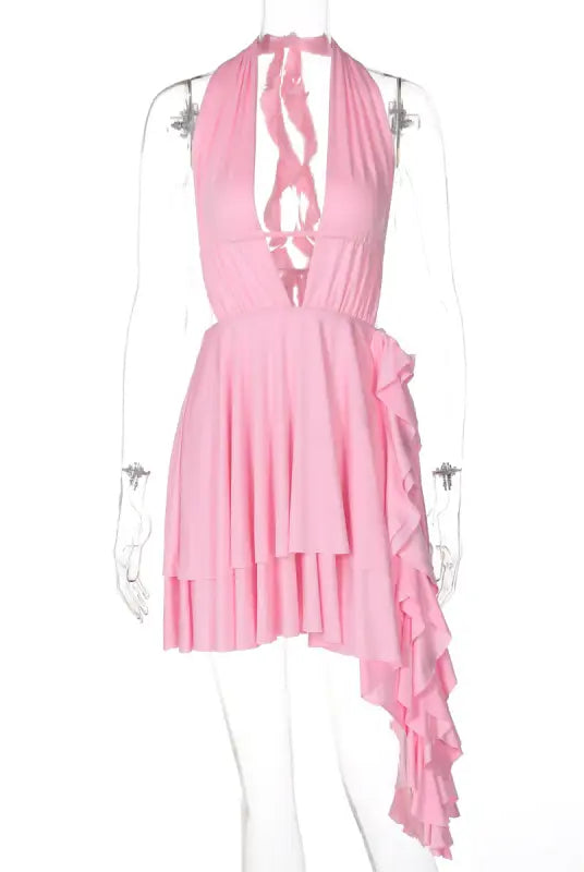 Pink halterneck deep v dress with ruffles, women’s fashion, free shipping