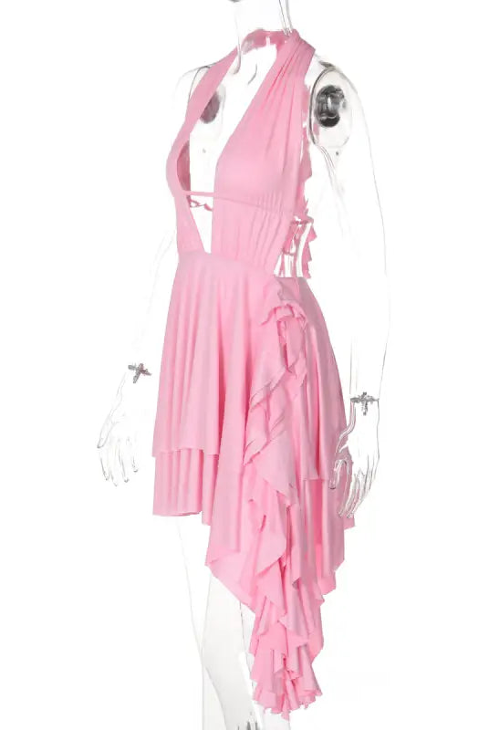 Pink halterneck deep V ruffled dress with free shipping, ideal for summer events