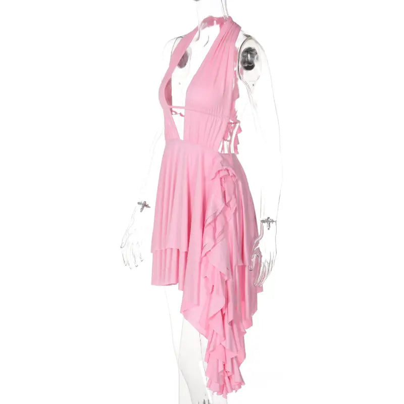 Pink halterneck deep V ruffled dress with free shipping, ideal for summer events