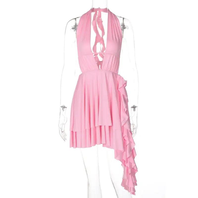 Pink halter mini dress with ruffles, halterneck deep V dress, free shipping option